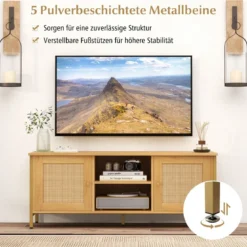 TV-Schrank Rattan Lowboard mit 2 Türen und offenen Regalen TV Ständer für Fernseher bis 55 Zoll 120 x 40 x 48 cm