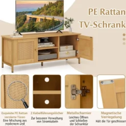 TV-Schrank Rattan Lowboard mit 2 Türen und offenen Regalen TV Ständer für Fernseher bis 55 Zoll 120 x 40 x 48 cm