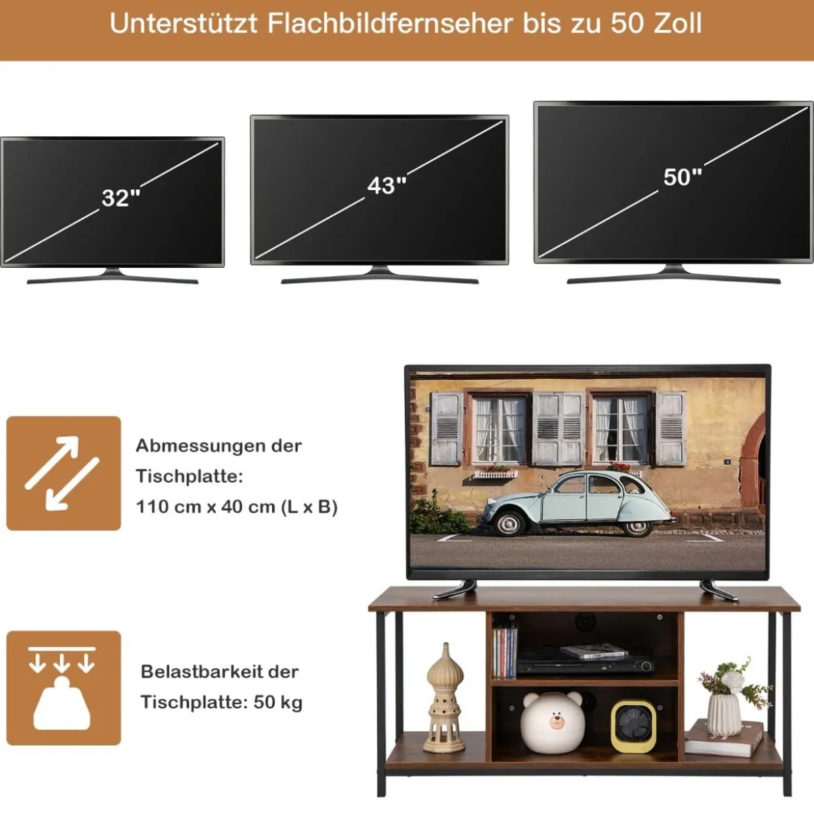 TV-Ständer für Fernseher bis 50 Zoll Holzschrank mit Verstellbarem Regal für Wohnzimmer Braun