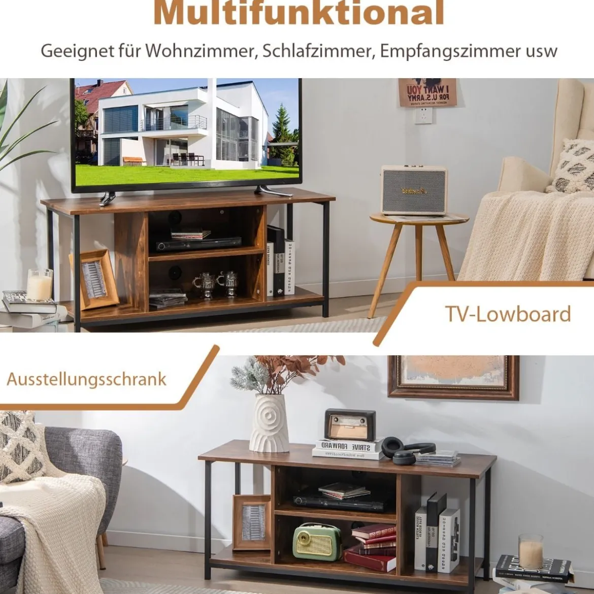 TV-Ständer für Fernseher bis 50 Zoll Holzschrank mit Verstellbarem Regal für Wohnzimmer Braun