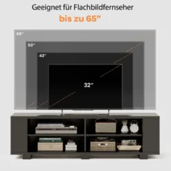 TV-Ständer für Fernseher bis zu 65 Zoll 3-stufige Medienkonsole mit 4 offenen Fächern 4 Seitenschränken & 4 Kabellöchern Schwarz
