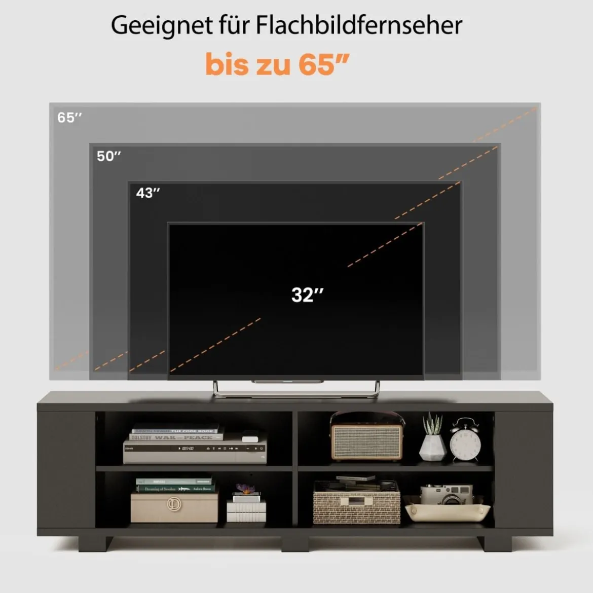 TV-Ständer für Fernseher bis zu 65 Zoll 3-stufige Medienkonsole mit 4 offenen Fächern 4 Seitenschränken & 4 Kabellöchern Schwarz