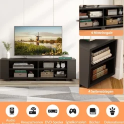 TV-Ständer für Fernseher bis zu 65 Zoll 3-stufige Medienkonsole mit 4 offenen Fächern 4 Seitenschränken & 4 Kabellöchern Schwarz