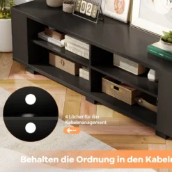 TV-Ständer für Fernseher bis zu 65 Zoll 3-stufige Medienkonsole mit 4 offenen Fächern 4 Seitenschränken & 4 Kabellöchern Schwarz
