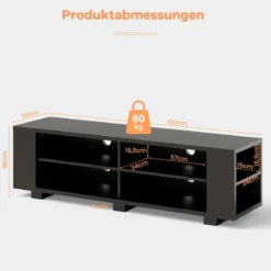 TV-Ständer für Fernseher bis zu 65 Zoll 3-stufige Medienkonsole mit 4 offenen Fächern 4 Seitenschränken & 4 Kabellöchern Schwarz