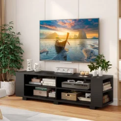 TV-Ständer für Fernseher bis zu 65 Zoll 3-stufige Medienkonsole mit 4 offenen Fächern 4 Seitenschränken & 4 Kabellöchern Schwarz
