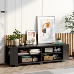 TV-Ständer für Fernseher bis zu 65 Zoll 3-stufige Medienkonsole mit 4 offenen Fächern 4 Seitenschränken & 4 Kabellöchern Schwarz