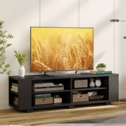 TV-Ständer für Fernseher bis zu 65 Zoll 3-stufige Medienkonsole mit 4 offenen Fächern 4 Seitenschränken & 4 Kabellöchern Schwarz