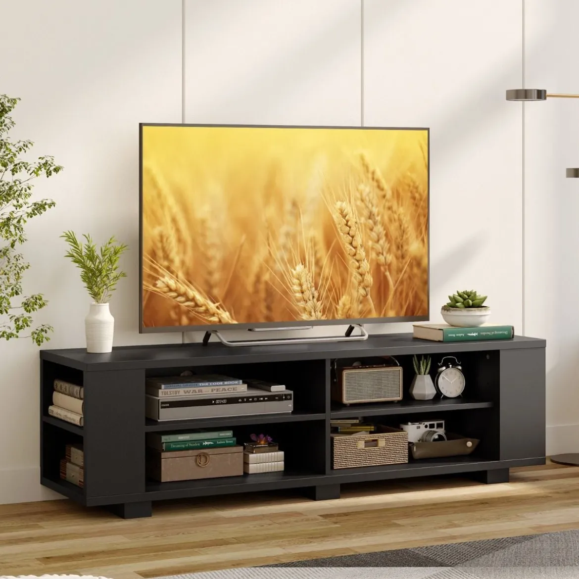 TV-Ständer für Fernseher bis zu 65 Zoll 3-stufige Medienkonsole mit 4 offenen Fächern 4 Seitenschränken & 4 Kabellöchern Schwarz