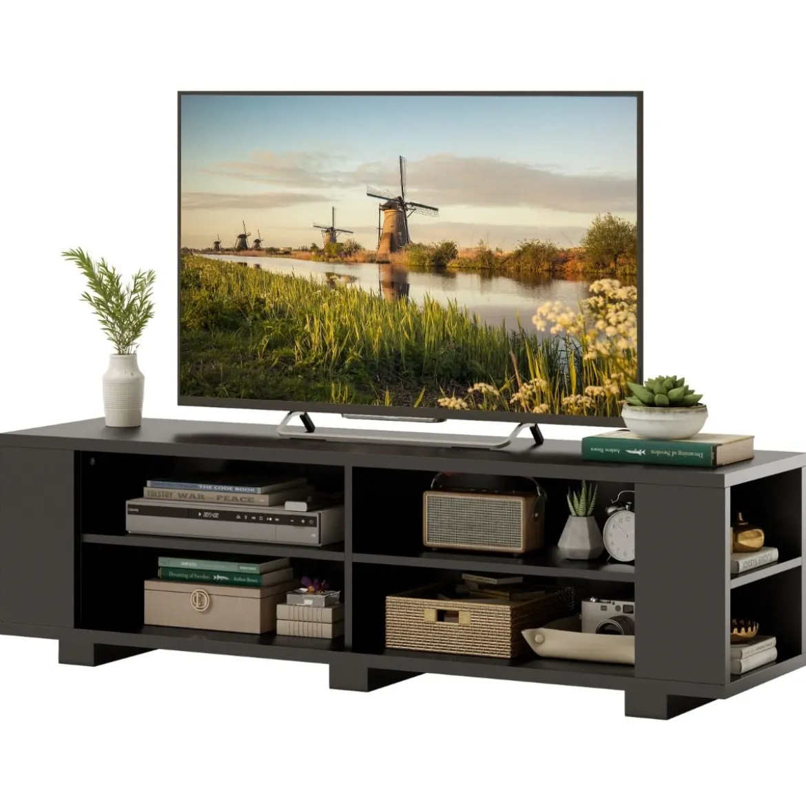 TV-Ständer für Fernseher bis zu 65 Zoll 3-stufige Medienkonsole mit 4 offenen Fächern 4 Seitenschränken & 4 Kabellöchern Schwarz