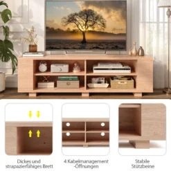 TV-Ständer für Fernseher bis zu 65 Zoll 3-stufige Medienkonsole mit 4 offenen Fächern 4 Seitenschränken & 4 Kabellöchern Natur