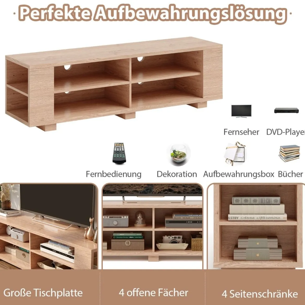 TV-Ständer für Fernseher bis zu 65 Zoll 3-stufige Medienkonsole mit 4 offenen Fächern 4 Seitenschränken & 4 Kabellöchern Natur