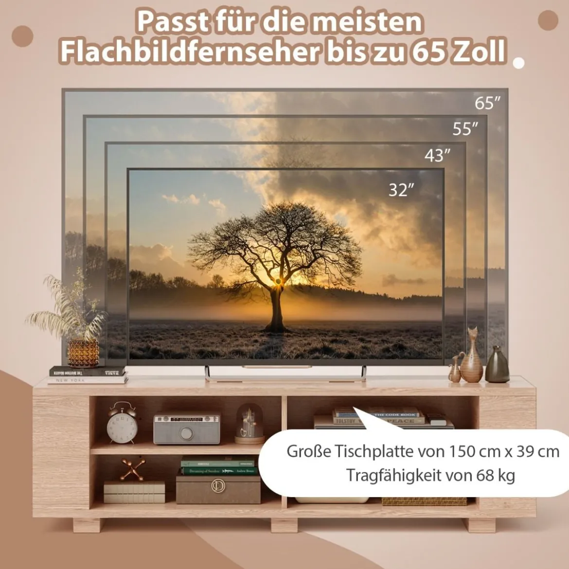 TV-Ständer für Fernseher bis zu 65 Zoll 3-stufige Medienkonsole mit 4 offenen Fächern 4 Seitenschränken & 4 Kabellöchern Natur