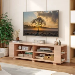 TV-Ständer für Fernseher bis zu 65 Zoll 3-stufige Medienkonsole mit 4 offenen Fächern 4 Seitenschränken & 4 Kabellöchern Natur