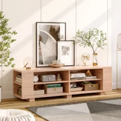 TV-Ständer für Fernseher bis zu 65 Zoll 3-stufige Medienkonsole mit 4 offenen Fächern 4 Seitenschränken & 4 Kabellöchern Natur