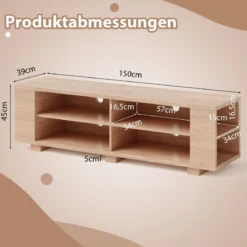 TV-Ständer für Fernseher bis zu 65 Zoll 3-stufige Medienkonsole mit 4 offenen Fächern 4 Seitenschränken & 4 Kabellöchern Natur