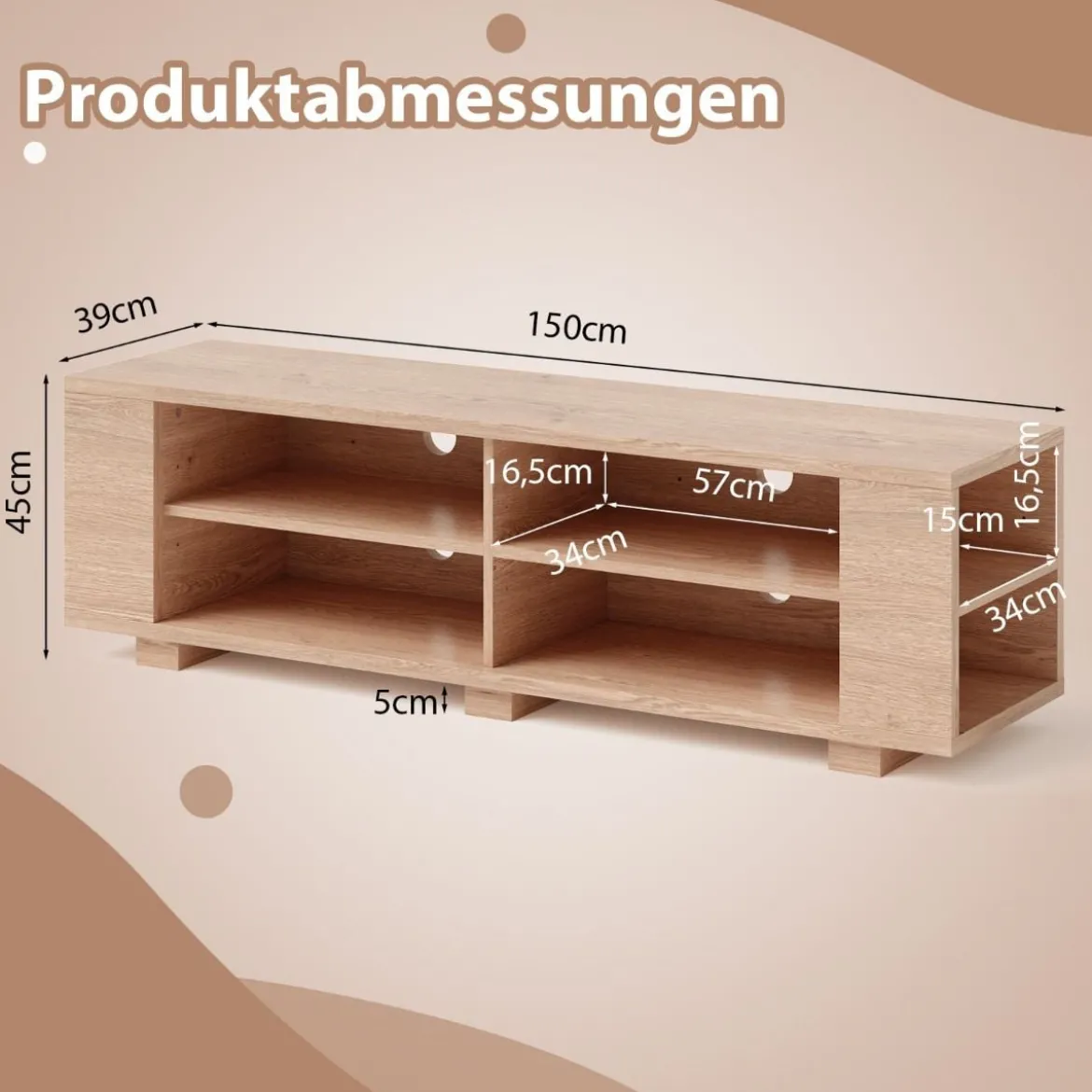 TV-Ständer für Fernseher bis zu 65 Zoll 3-stufige Medienkonsole mit 4 offenen Fächern 4 Seitenschränken & 4 Kabellöchern Natur