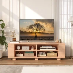 TV-Ständer für Fernseher bis zu 65 Zoll 3-stufige Medienkonsole mit 4 offenen Fächern 4 Seitenschränken & 4 Kabellöchern Natur