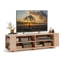 TV-Ständer für Fernseher bis zu 65 Zoll 3-stufige Medienkonsole mit 4 offenen Fächern 4 Seitenschränken & 4 Kabellöchern Natur
