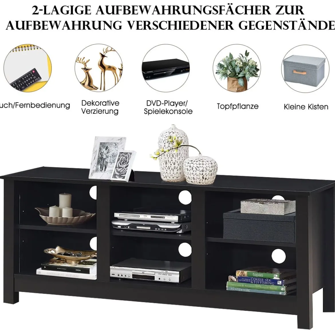 TV-Ständer mit 2 Regalfächern passend für 60 Zoll Fernseher 135 x 39,5 x 54 cm Dunkelbraun