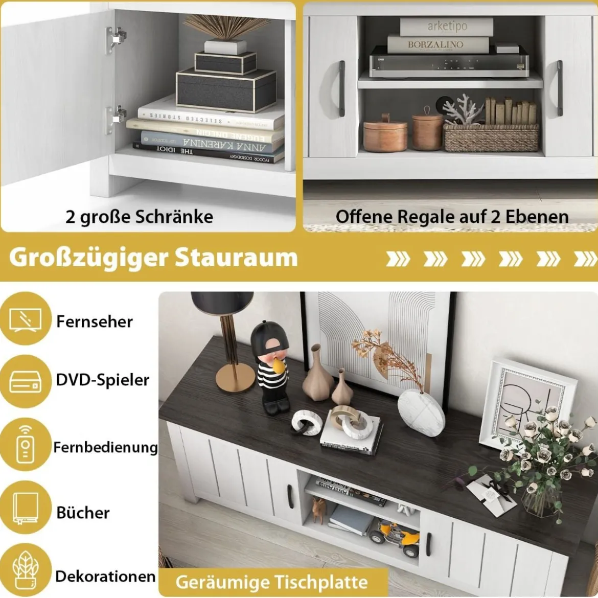 TV-Ständer mit 2 Türen & 2 Schränken & Offenen Regalen Fernsehtisch für Fernseher bis 65" Dunkelgrau
