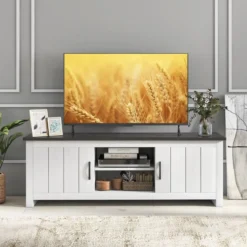 TV-Ständer mit 2 Türen & 2 Schränken & Offenen Regalen Fernsehtisch für Fernseher bis 65