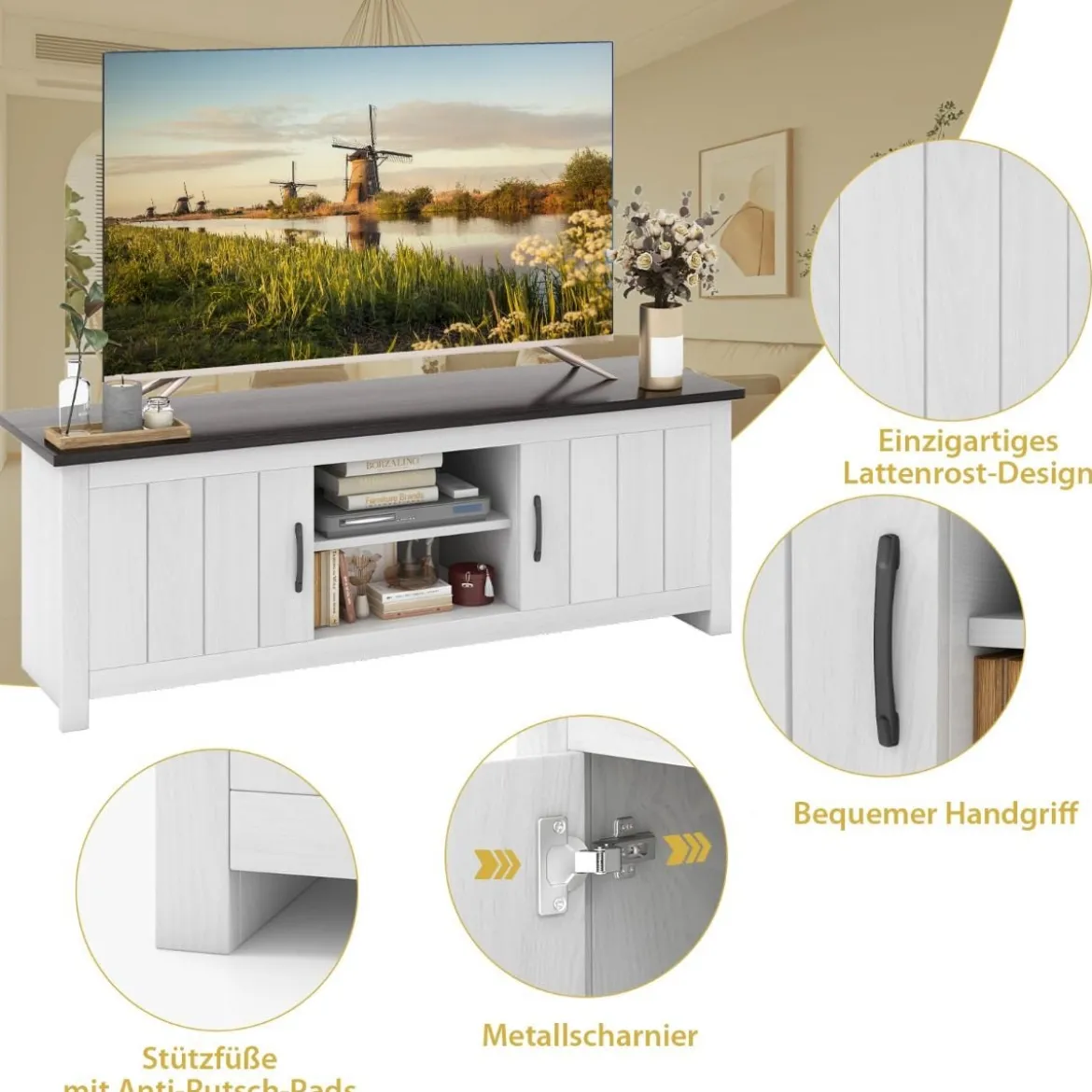 TV-Ständer mit 2 Türen & 2 Schränken & Offenen Regalen Fernsehtisch für Fernseher bis 65" Dunkelgrau