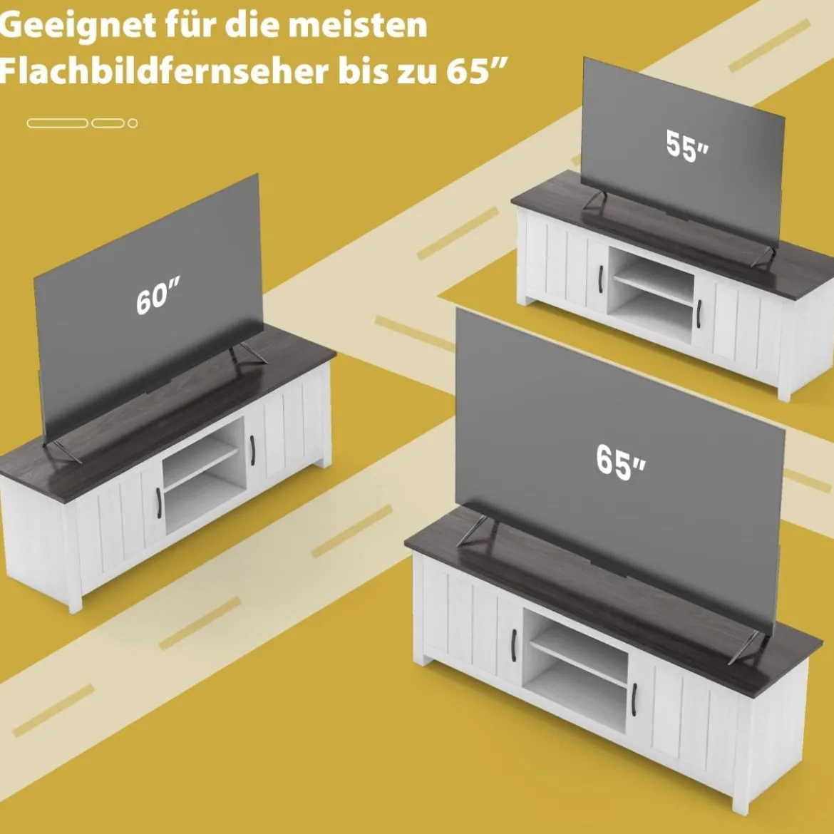 TV-Ständer mit 2 Türen & 2 Schränken & Offenen Regalen Fernsehtisch für Fernseher bis 65" Dunkelgrau