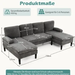 U-förmige Couch für 5-6 Sitzer Clound Ecksofa mit Bezug aus Cordstoff Modernes Schlafsofa Grau