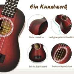 Ukulelen-Set Professionelles Ukulelen-Set aus Holz mit Tragetasche 17,5 x 6 x 53 cm Rot