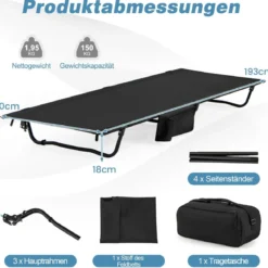 Ultraleichtes Feldbett Campingbett mit Seitentasche Tragbares Klappbett 150 kg Tragkraft Schwarz