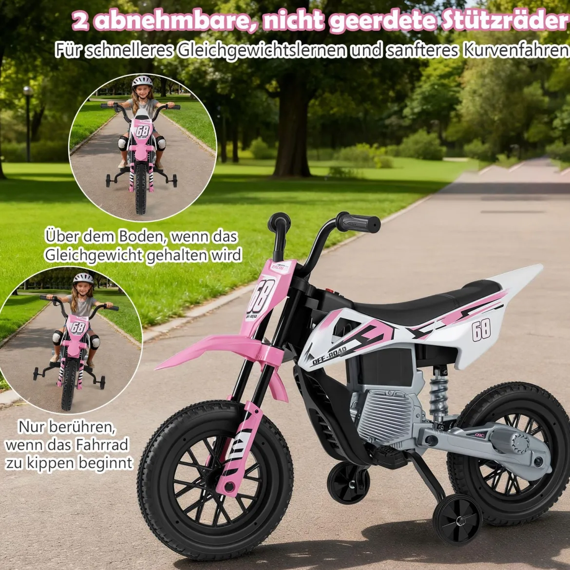 12V Elektro Kindermotorrad Elektromotorrad für Kinder mit abnehmbaren Stützrädern & Federung Elektro Motorrad Rosa