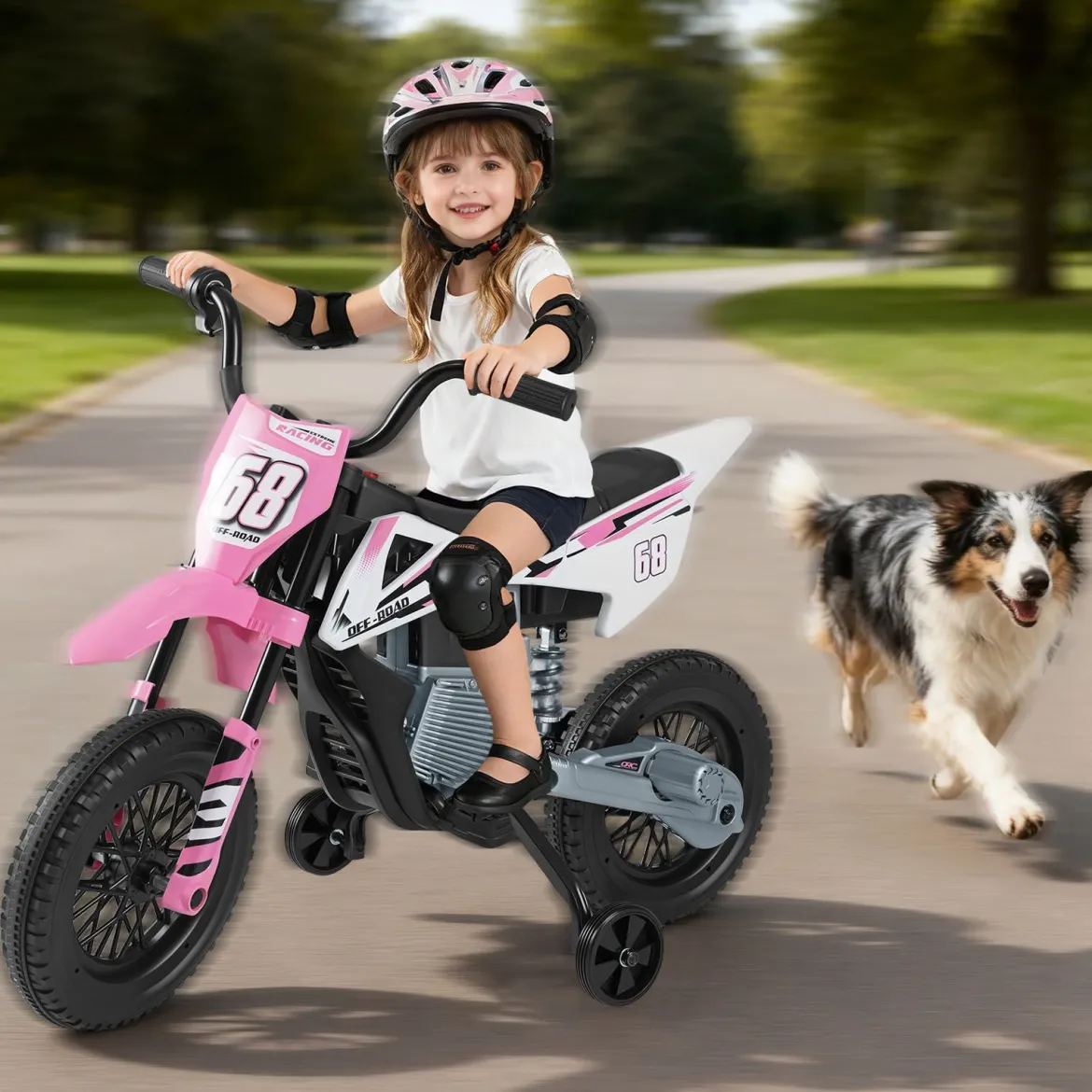 12V Elektro Kindermotorrad Elektromotorrad für Kinder mit abnehmbaren Stützrädern & Federung Elektro Motorrad Rosa