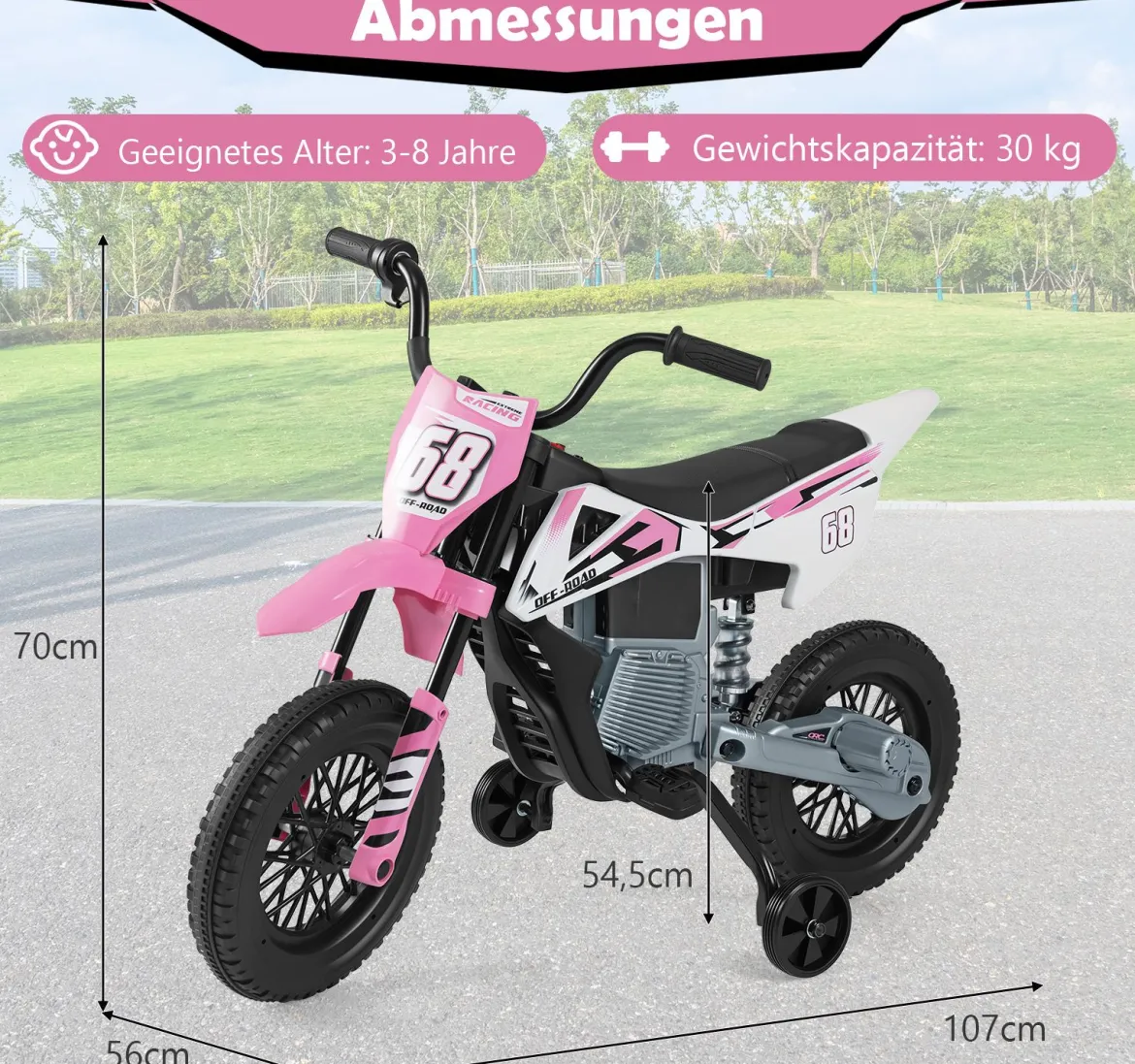 12V Elektro Kindermotorrad Elektromotorrad für Kinder mit abnehmbaren Stützrädern & Federung Elektro Motorrad Rosa
