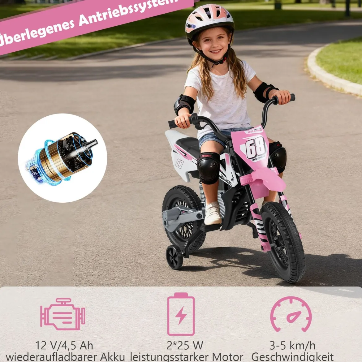 12V Elektro Kindermotorrad Elektromotorrad für Kinder mit abnehmbaren Stützrädern & Federung Elektro Motorrad Rosa
