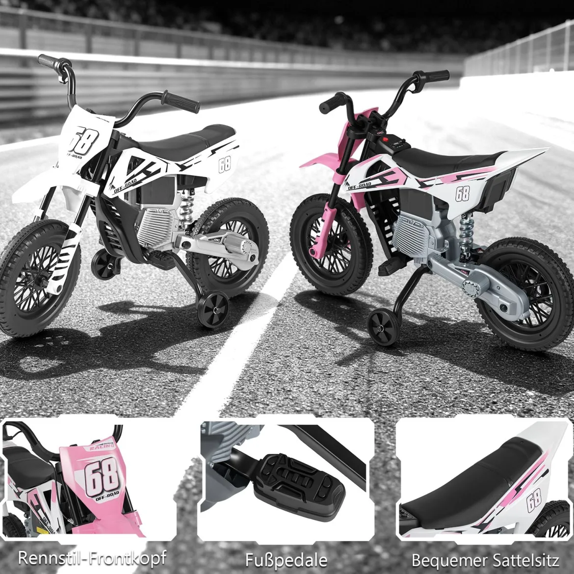 12V Elektro Kindermotorrad Elektromotorrad für Kinder mit abnehmbaren Stützrädern & Federung Elektro Motorrad Rosa