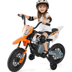 12V Elektro Kindermotorrad Elektromotorrad für Kinder mit abnehmbaren Stützrädern & Federung Elektro Motorrad Orange