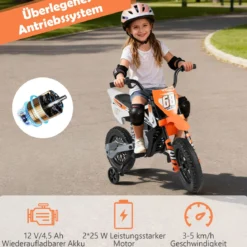 12V Elektro Kindermotorrad Elektromotorrad für Kinder mit abnehmbaren Stützrädern & Federung Elektro Motorrad Orange