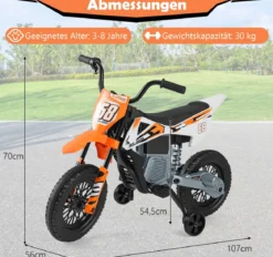 12V Elektro Kindermotorrad Elektromotorrad für Kinder mit abnehmbaren Stützrädern & Federung Elektro Motorrad Orange
