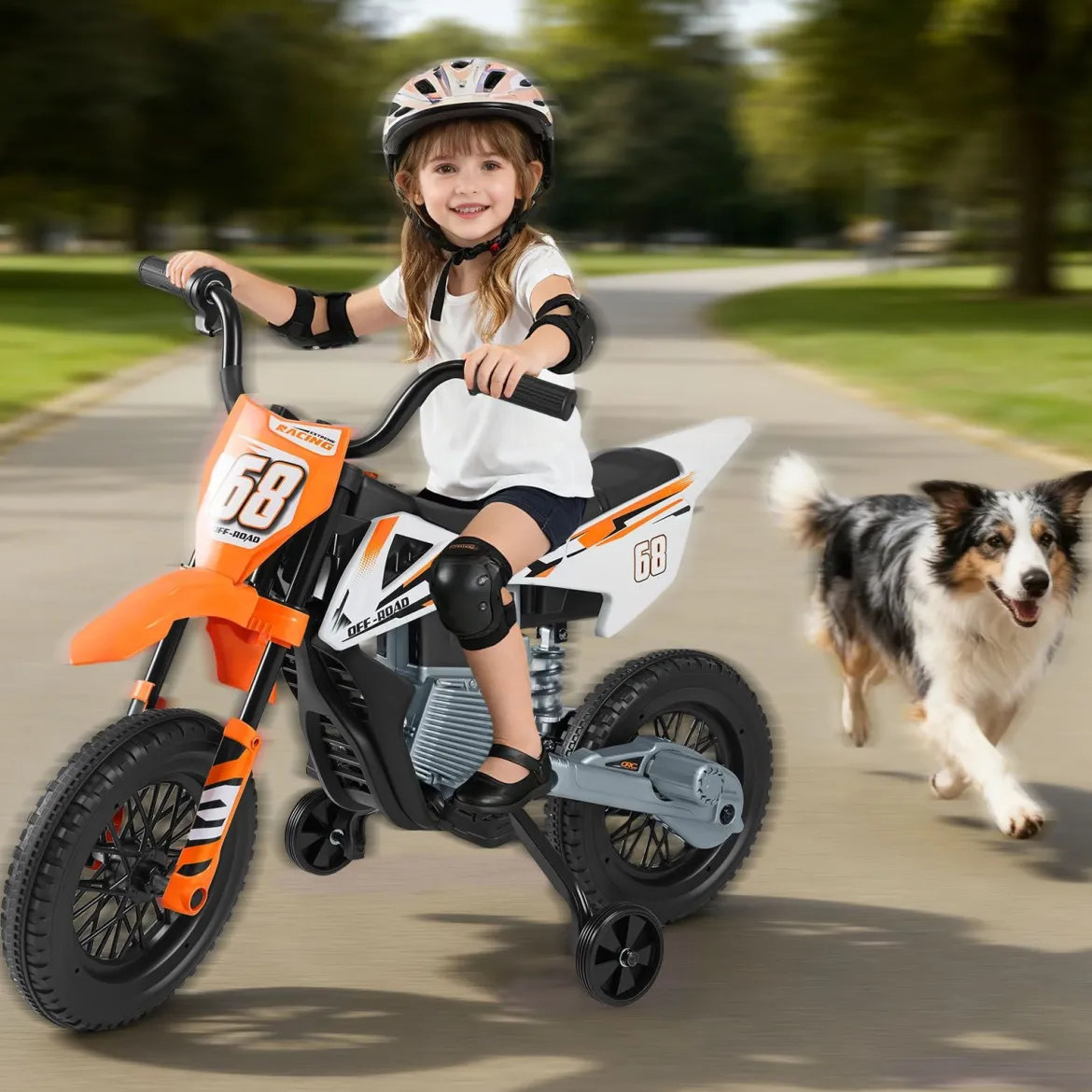 12V Elektro Kindermotorrad Elektromotorrad für Kinder mit abnehmbaren Stützrädern & Federung Elektro Motorrad Orange