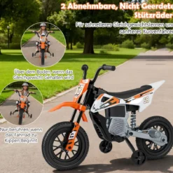 12V Elektro Kindermotorrad Elektromotorrad für Kinder mit abnehmbaren Stützrädern & Federung Elektro Motorrad Orange