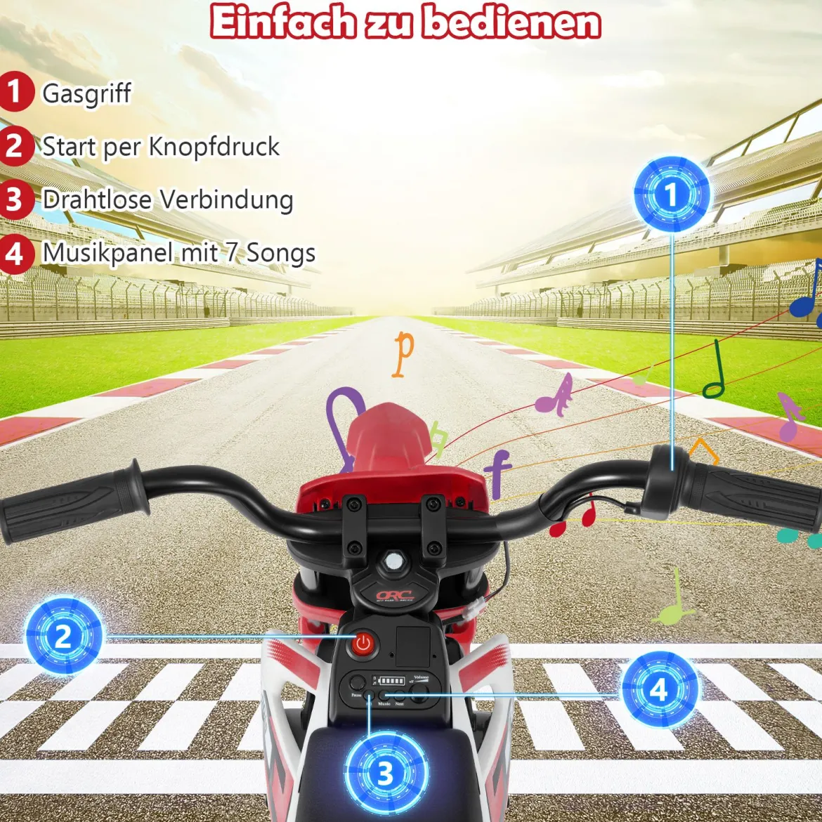 12V Elektro Kindermotorrad Elektromotorrad für Kinder mit abnehmbaren Stützrädern & Federung Elektro Motorrad Rot