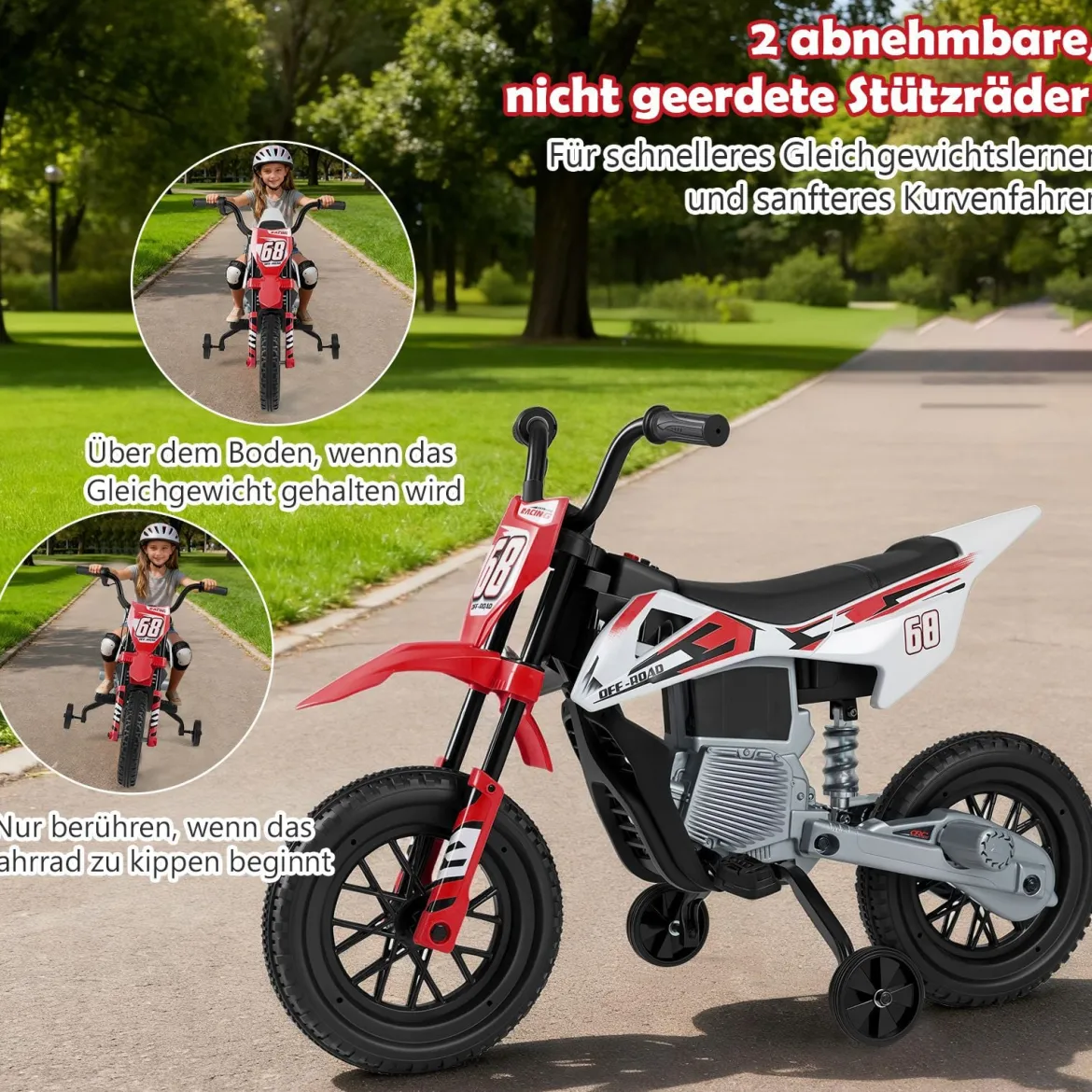 12V Elektro Kindermotorrad Elektromotorrad für Kinder mit abnehmbaren Stützrädern & Federung Elektro Motorrad Rot
