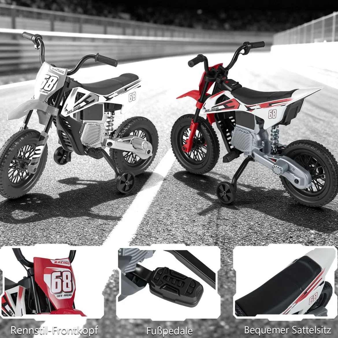 12V Elektro Kindermotorrad Elektromotorrad für Kinder mit abnehmbaren Stützrädern & Federung Elektro Motorrad Rot