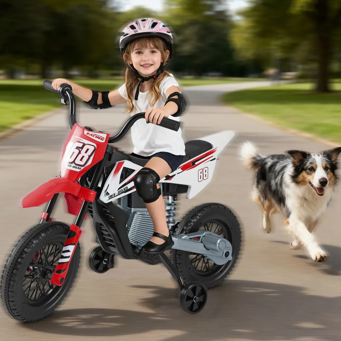12V Elektro Kindermotorrad Elektromotorrad für Kinder mit abnehmbaren Stützrädern & Federung Elektro Motorrad Rot