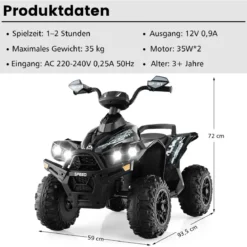 12V Elektroquad mit Musik Hupe & LED Scheinwerfer Elektro Kinderquad Schwarz