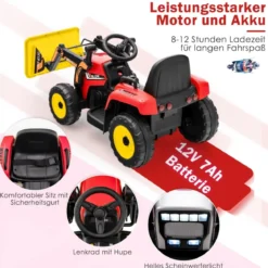 12V Elektro Sitzbagger mit Verstellbarer Schaufel & Musik und Scheinwerfer Rot