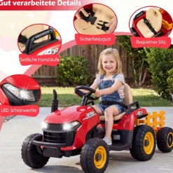 24V Elektro Traktor mit Anhänger & 2,4G Fernbedienung & Hupe Kindertraktor Elektrotraktor Rot