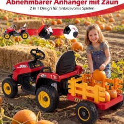 24V Elektro Traktor mit Anhänger & 2,4G Fernbedienung & Hupe Kindertraktor Elektrotraktor Rot