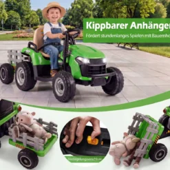 24V Elektro Traktor mit Anhänger & 2,4G Fernbedienung & Hupe Kindertraktor Elektrotraktor Grün
